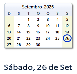 26 Setembro 2026 calendario