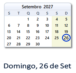 26 Setembro 2027 calendario