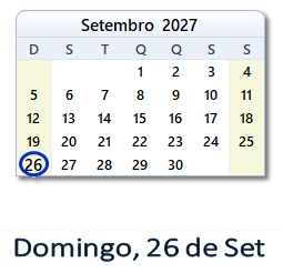 26 Setembro 2027 calendario