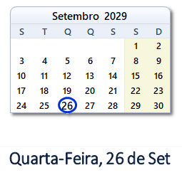 26 Setembro 2029 calendario