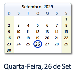 26 Setembro 2029 calendario