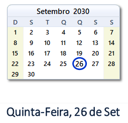 26 Setembro 2030 calendario