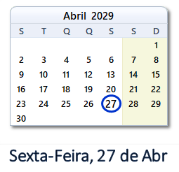 27 Abril 2029 calendario