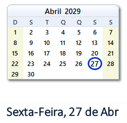27 Abril 2029 calendario