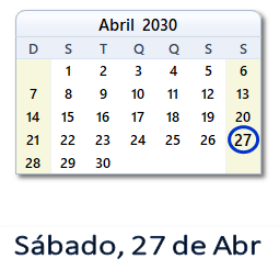 27 Abril 2030 calendario