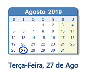 27 Agosto 2019 calendario