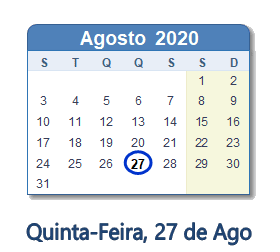 27 Agosto 2020 calendario