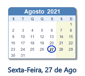 27 Agosto 2021 calendario