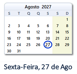 27 Agosto 2027 calendario