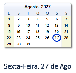 27 Agosto 2027 calendario