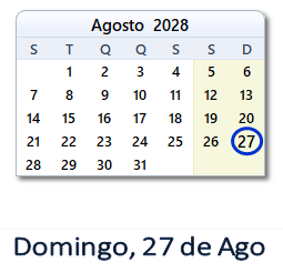 27 Agosto 2028 calendario