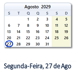 27 Agosto 2029 calendario