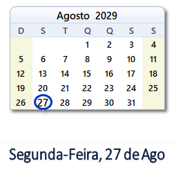 27 Agosto 2029 calendario
