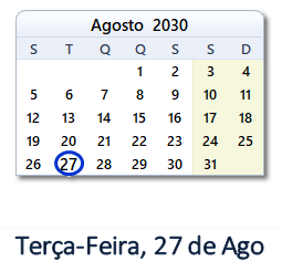 27 Agosto 2030 calendario