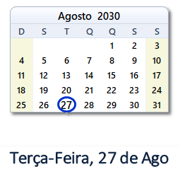27 Agosto 2030 calendario