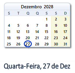 27 Dezembro 2028 calendario