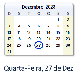 27 Dezembro 2028 calendario