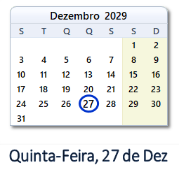 27 Dezembro 2029 calendario