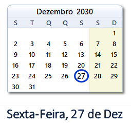 27 Dezembro 2030 calendario