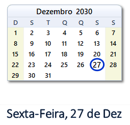 27 Dezembro 2030 calendario