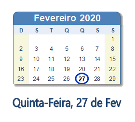 27 Fevereiro 2020 calendario