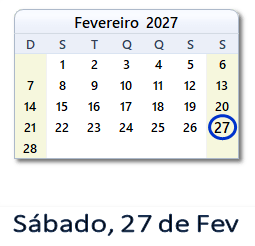 27 Fevereiro 2027 calendario