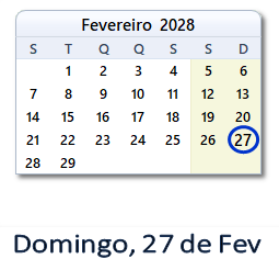 27 Fevereiro 2028 calendario