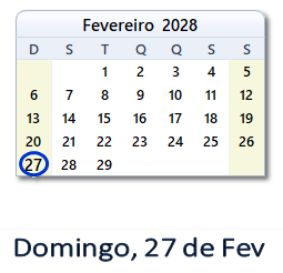 27 Fevereiro 2028 calendario