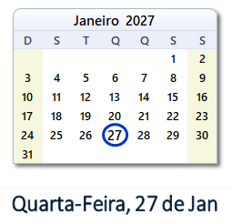 27 Janeiro 2027 calendario