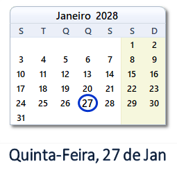 27 Janeiro 2028 calendario