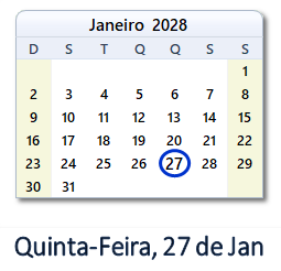 27 Janeiro 2028 calendario
