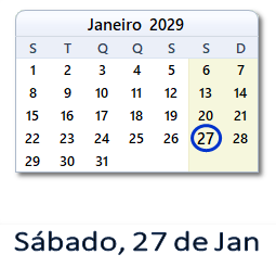 27 Janeiro 2029 calendario