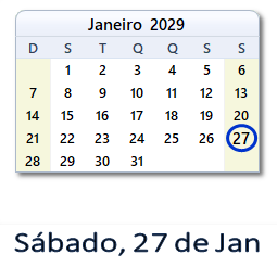 27 Janeiro 2029 calendario