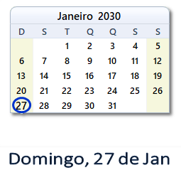 27 Janeiro 2030 calendario