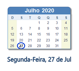 27 Julho 2020 calendario