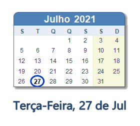 27 Julho 2021 calendario