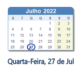 27 Julho 2022 calendario