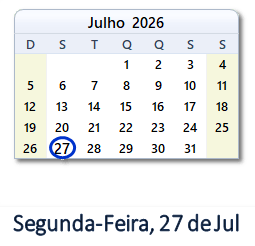 27 Julho 2026 calendario