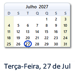 27 Julho 2027 calendario