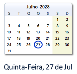 27 Julho 2028 calendario
