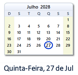 27 Julho 2028 calendario