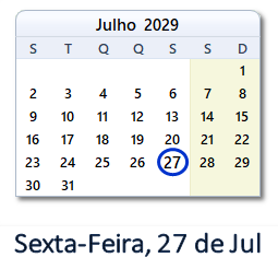 27 Julho 2029 calendario