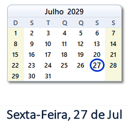 27 Julho 2029 calendario