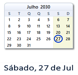 27 Julho 2030 calendario