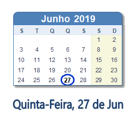 27 Junho 2019 calendario