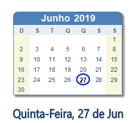 27 Junho 2019 calendario