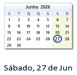 27 Junho 2026 calendario