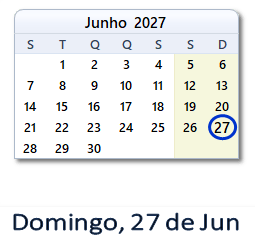 27 Junho 2027 calendario