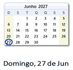 27 Junho 2027 calendario