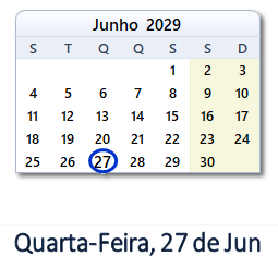 27 Junho 2029 calendario